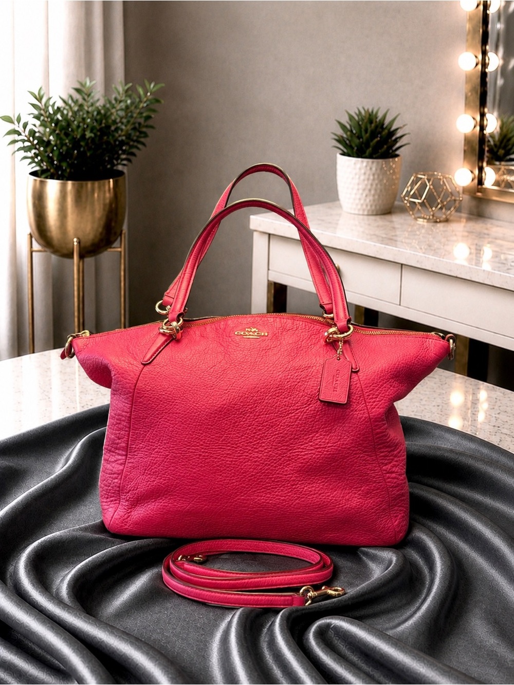 Coach Bright Fuchsia Pebbled Leather Shoulder Tote